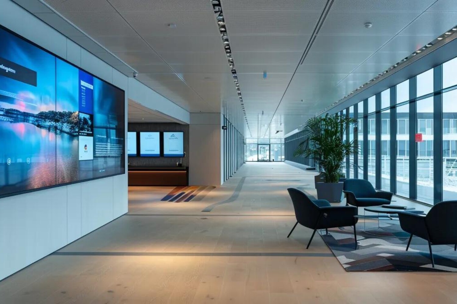et moderne kontorlandskap i bergen med digital skjerm som viser google ads på skjermen.