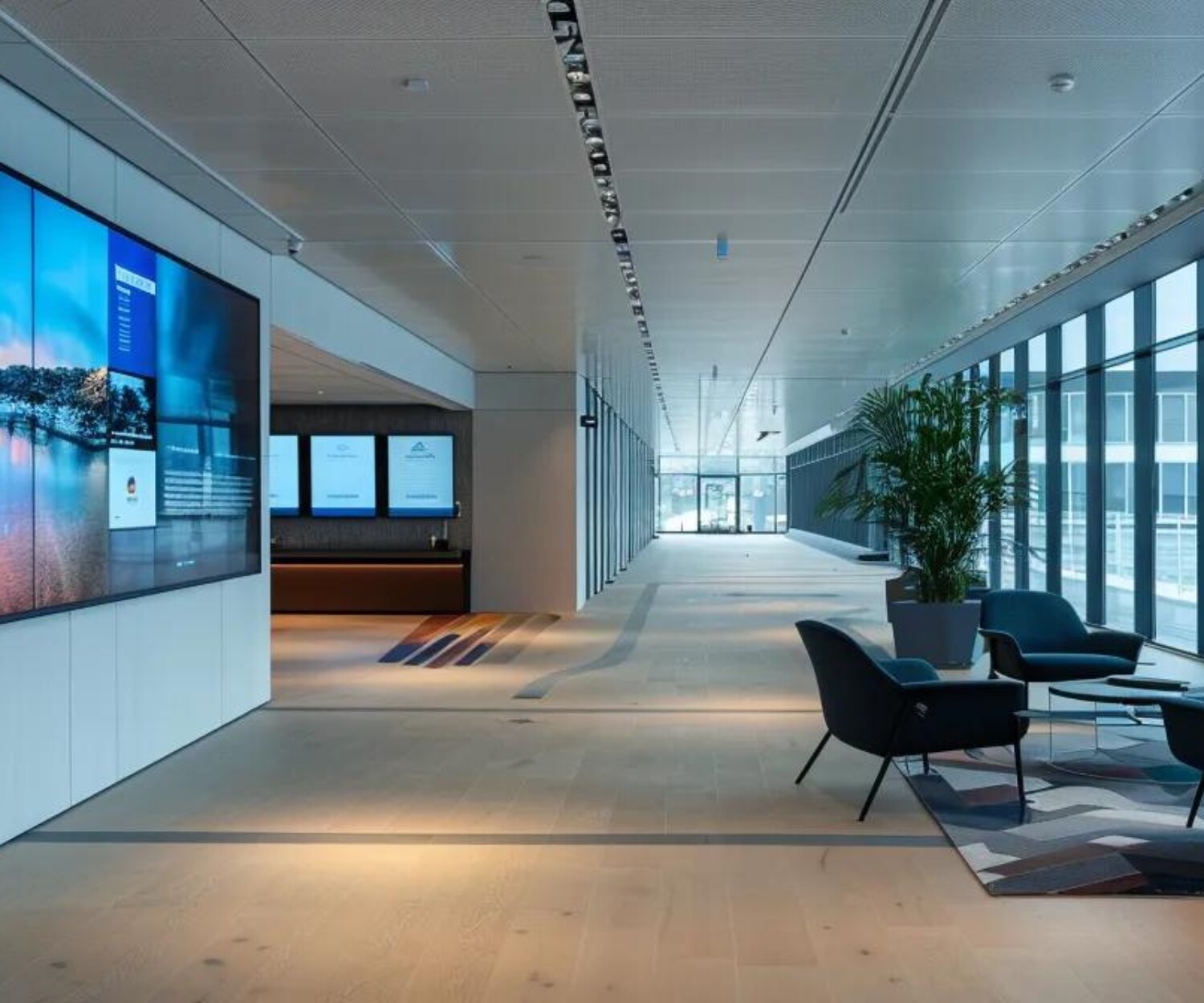 et moderne kontorlandskap i bergen med digital skjerm som viser google ads på skjermen.